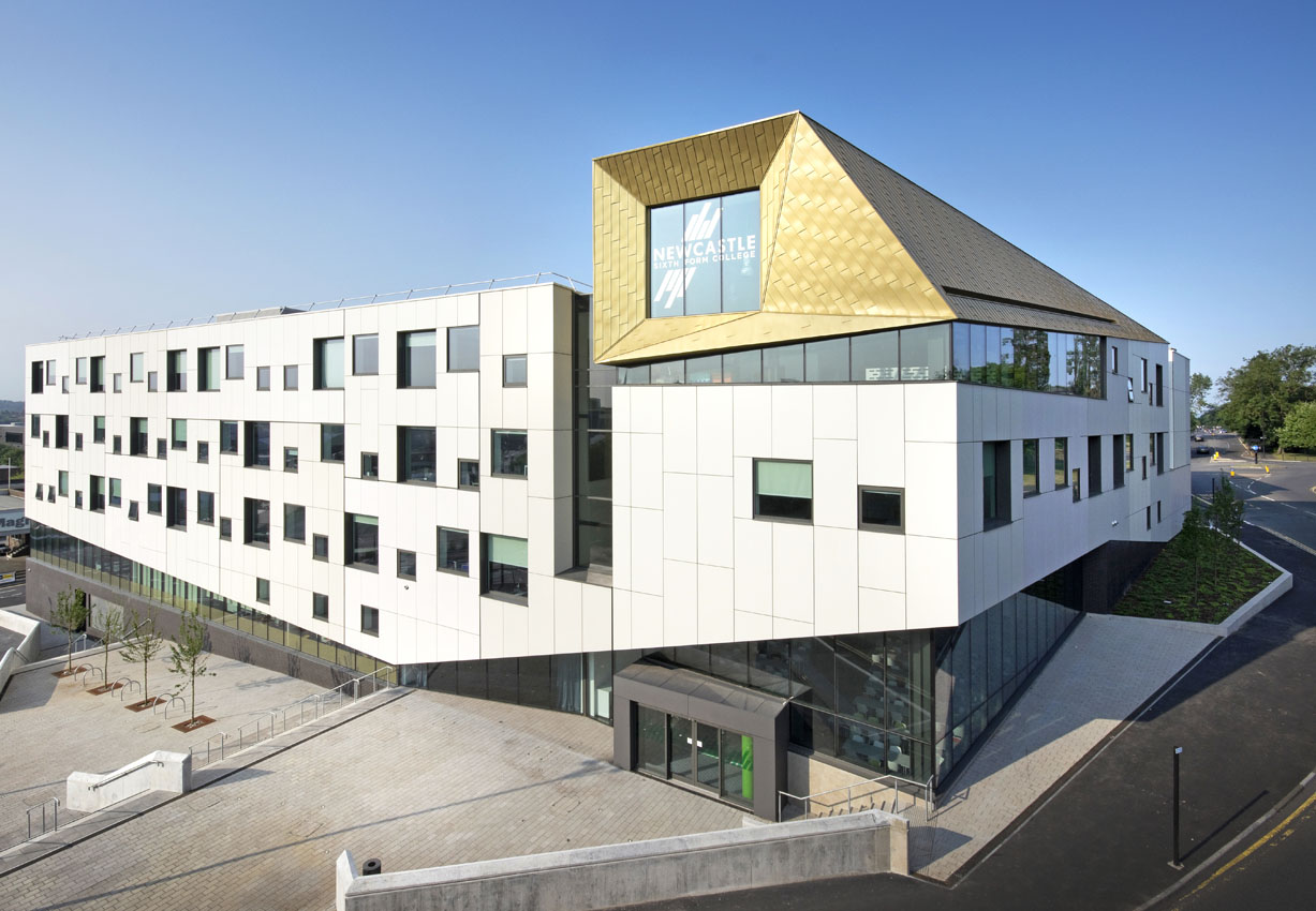 Architectural exterior of a college building taken from an elevated viewpoint 