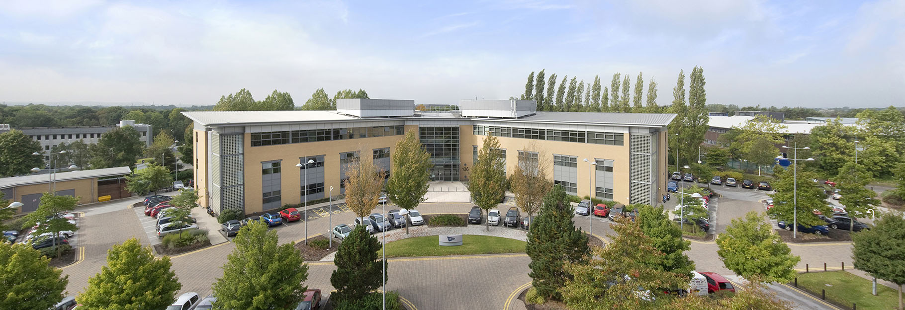Elevated view of large commercial office in summer