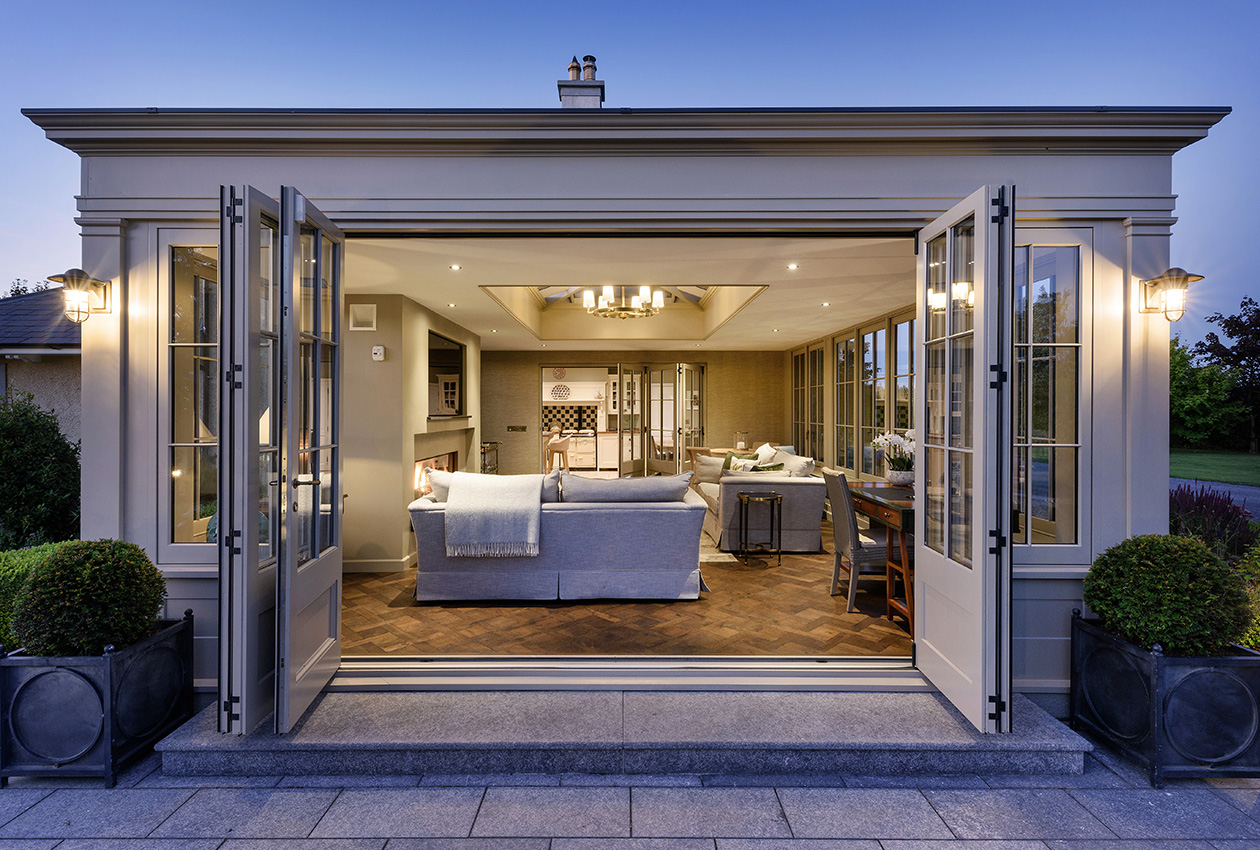 Architectural detail of orangery entrance at dusk