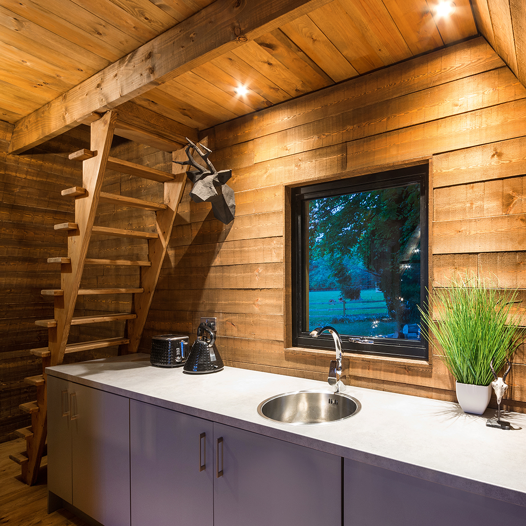 A-frame garden building kitchen area