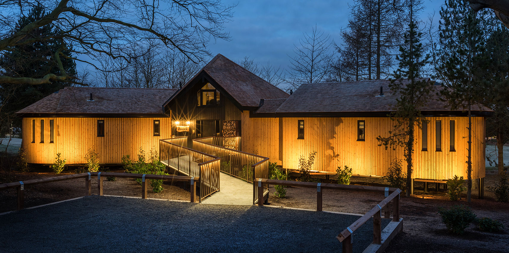 Treehouse exterior at dusk taken in a hotel showing illuminated entrance