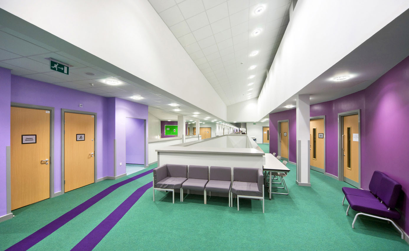 Interior of a commercial building with colourful floor and walls
