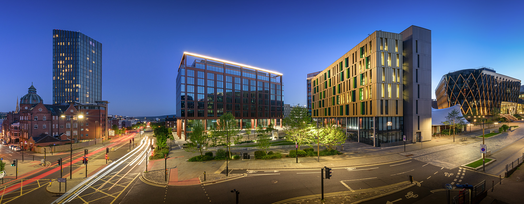 Elevated panorama of Newcastle Helix and St James Boulevard at dusk