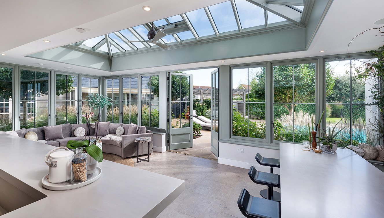 Orangery interior with views out to gardens 